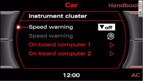 Audi A4: Speed warning function. Display: Setting speed limit warning 2