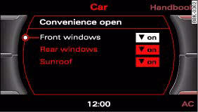 Audi A4: Electric windows. Display: Convenience open menu