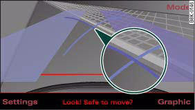 Audi A4: Audi parking system advanced. MMI display: Blue marking touches edge of pavement