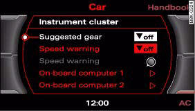 Audi A4: Introduction. Display: Switching the gear change indicator on and off
