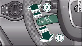 Audi A4: Speed and distance control system. Control lever for: Switching the system on and off
