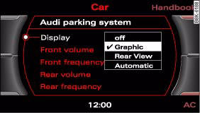 Audi A4: Switching display and acoustic signals on and off. Display: Settings for parking aid