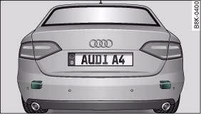 Audi A4: Lane change assist feature. Rear bumper: Position of radar sensors (not externally visible)
