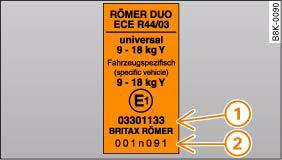 Audi A4: Fitting child safety seats. Example of an approval number on a child safety seat