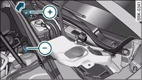 Audi A4: Battery. Engine compartment: Terminals for jump leads and battery charger