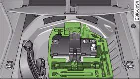 Audi A4: Tools and Tyre Mobility System. Luggage compartment: Tools, Tyre Mobility System and jack