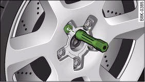 Audi A4: Changing a wheel. Changing a wheel: Hexagonal socket in screwdriver handle to turn