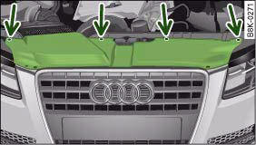 Audi A4: Changing bulbs for headlights. Trim panel: Attachment points are marked by arrows